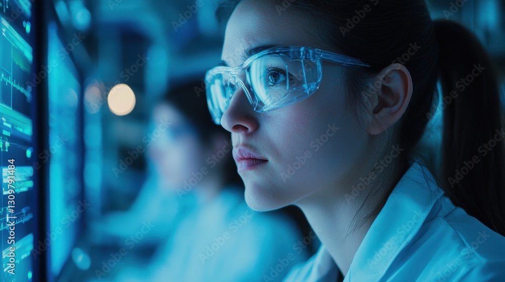 Aufkleber young female scientist analyzing data in laboratory with computer screens
