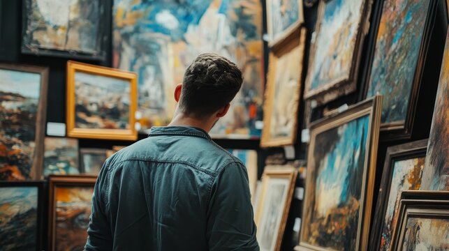 Man admires art paintings displayed on gallery walls.