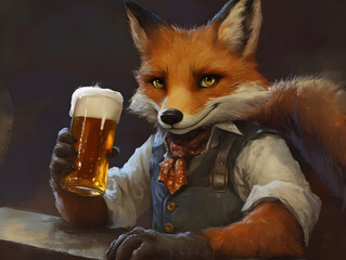Humorous Fox Drinks Beer in Pub - Concept of: Humor, Social, Fantasy, Leisure, Relax, Conviviality. Dapper Anthropomorphic Digital Art
