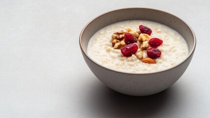A bowl of oatmeal with walnuts and cranberries