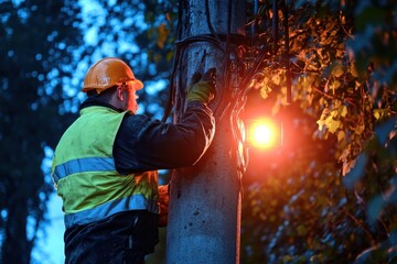 A utility worker in a safety helmet and reflective vest is performing nighttime maintenance on the electrical power cable on a streetlight pole.
