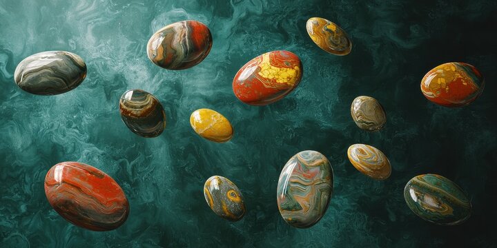 Floating jasper stones with red and yellow hues on a deep green background