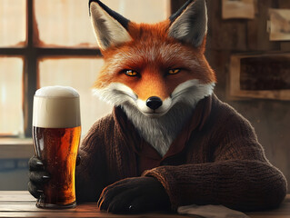 Concept of Funny Animal Leisure: Humorous Red Fox with Beer Pint in Pub - Anthropomorphic Character Illustration for Fable, Storytelling, Funny Animals - Digital Art