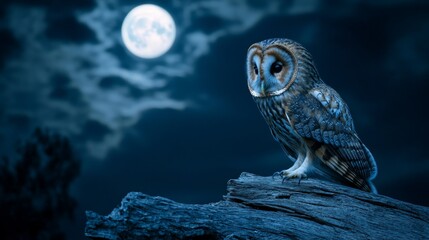 A tawny owl perched on a weathered wooden branch, under a dark night sky