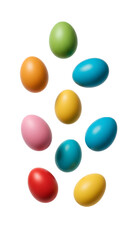 colorful easter eggs PNG. solid coloured easter eggs falling down isolated. happy easter eggs png. festive and vibrant design for Easter promotions. easter egg top view flat lay isolated