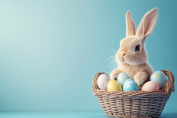 Adorable light brown Easter bunny sitting in a wicker basket filled with colorful patterned Easter eggs on a soft blue background. Festive spring holiday scene.
