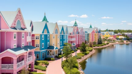 Vibrant resort scene  colorful houses and hotels surrounded by lush greenery and clear waters