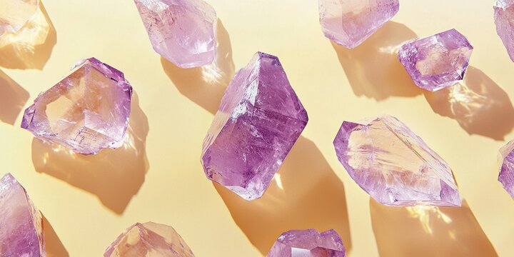 Floating kunzite crystals with a soft lilac shine on a pale yellow background