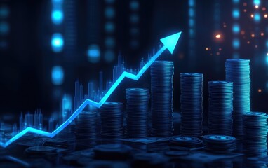 Graphic representation of financial growth using coins and upward arrow