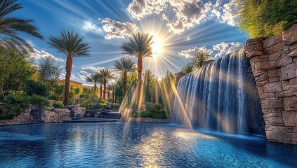 A stunning pool with waterfalls in Las Vegas, surrounded by desert palm trees and a blue sky
