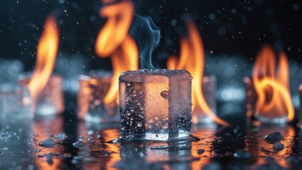 Contrasting Ice Cubes Fire and Cold Dramatic Still Life Image.