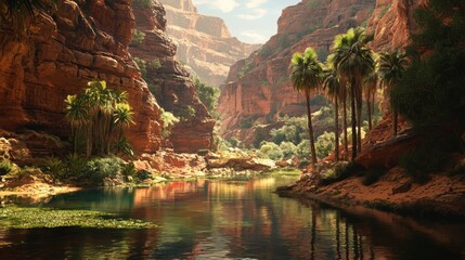 A river runs through a canyon with palm trees on either side
