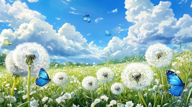 Fototapeta Fluffy dandelion field under a vibrant blue sky, filled with butterflies