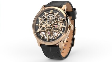 Rose gold skeleton watch on white background