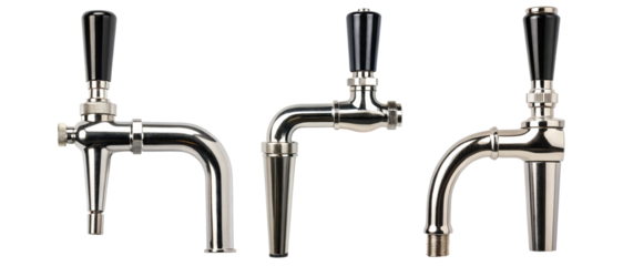 Stainless steel beer faucets with black handles dispense beverages on a transparent background
