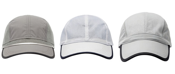 Three lightweight sports caps offer sun protection during activities on a transparent background