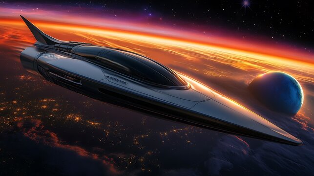A futuristic spaceship with smooth metallic surfaces, orbiting Earth at sunset. The atmospherea??s edge glows in hues of orange and purple, while the darkened part of the planet reveals city lights.