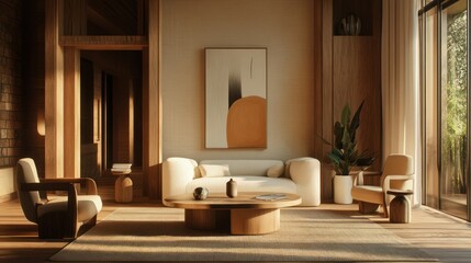 Modern Natural Living Room Featuring Minimalist Furniture and Earthy Tones