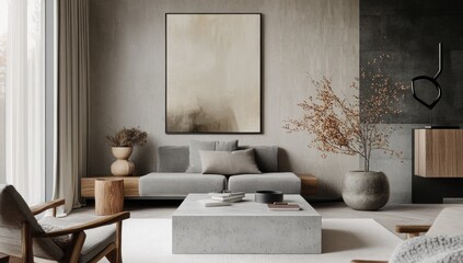 Modern minimalist living room with natural light, neutral tones, and abstract art.