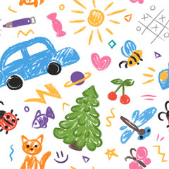 Cute kid crayon seamless pattern. Hand drawn doodle child elements, rainbow, animals, rocket. Vector chalk background. Kids doodle crayon pattern for wrapping paper, wallpaper, kindergarten design