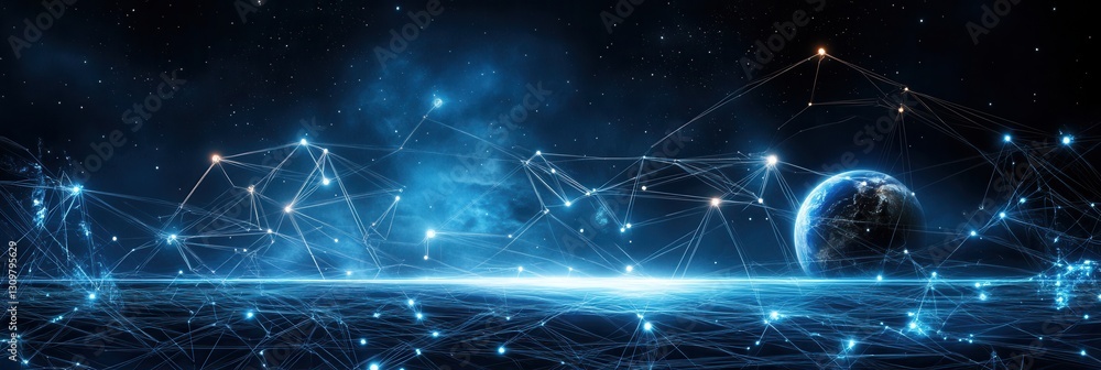 Poster dreamy cosmic landscape featuring interconnected planets and glowing symbols in a deep blue nebula