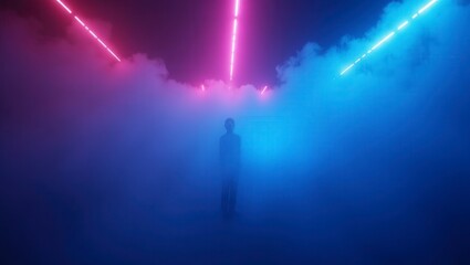 A lone figure stands in a fog of blue and pink, illuminated by vibrant neon lights.