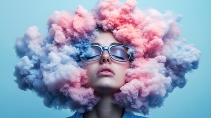 Woman with soft pink clouds gracefully resting on her head creating a dreamy and ethereal visual experience