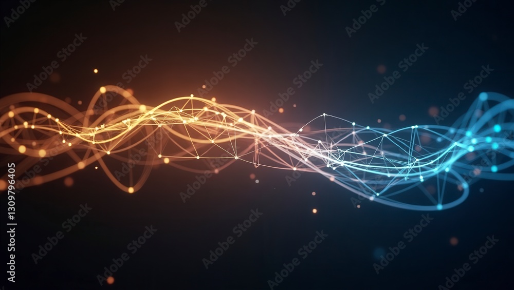 Poster an abstract representation of a data network shows connection and complex connectivity, on a dark ba