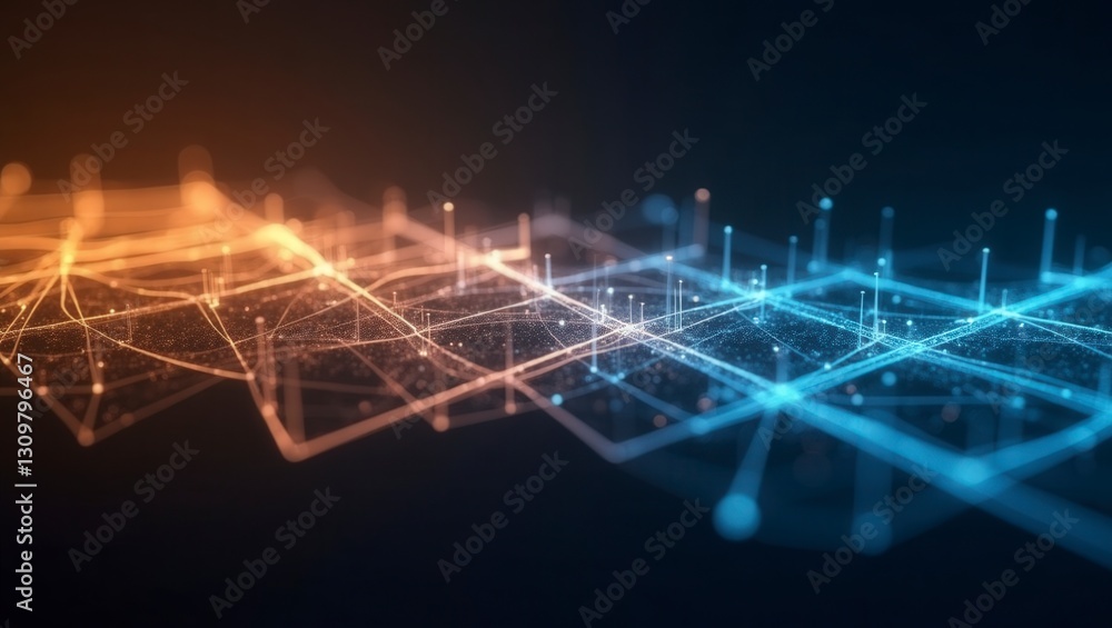 Poster abstract data network visualizes connections with glowing blue and orange lines forming an interconn