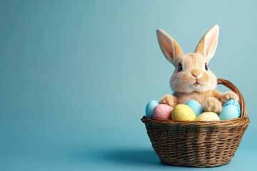 Cute brown Easter bunny sitting in a wicker basket filled with colorful Easter eggs on a light blue background. Festive spring holiday celebration.