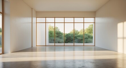 Fototapeta premium Sunlit Empty Room with Polished Concrete Floor and Expansive Windows