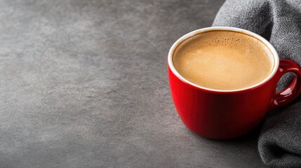 Bright red cup of coffee set against a gray background emphasizing color contrast and inviting a cozy enjoyment experience