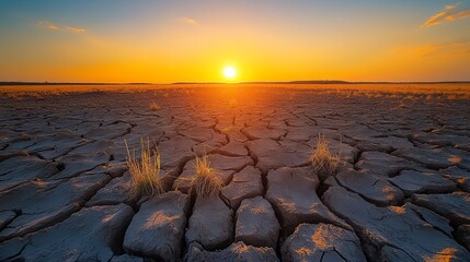 Obraz premium Sunset Over Cracked Earth, Drought and Climate Change Landscape