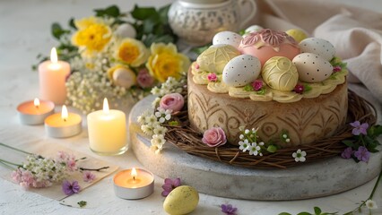 A rustic Easter cake topped with pastel marzipan eggs and edible flowers, surrounded by lit candles and fresh spring blooms. 