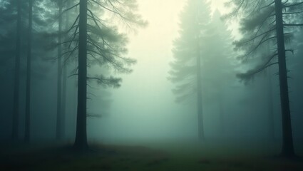 Fototapeta premium A tranquil forest scene is shrouded in a dense fog, creating an ethereal and mysterious mood.