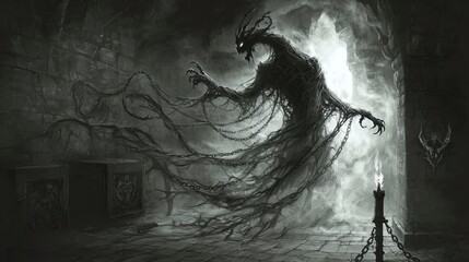 A black and white drawing of a monster with chains and a candle in front of it