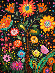 Naklejka premium Colorful floral painting featuring vibrant flowers and intricate details set against a dark background