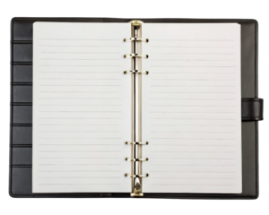 Open ring binder displays lined paper sheets on a transparent background