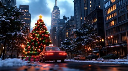 Obraz premium A majestic christmas tree beautifully decorated standing tall amidst a bustling cityscape during the holiday season