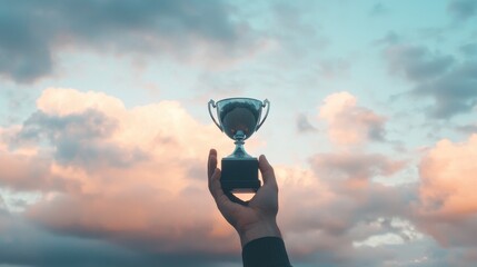 Hand Holding Award Trophy Against Colorful Cloudy Sky