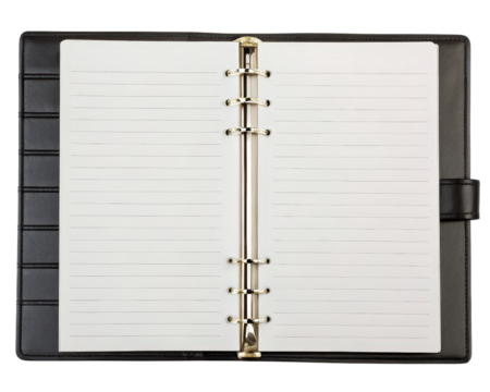 Open ring binder displays lined paper sheets on a transparent background