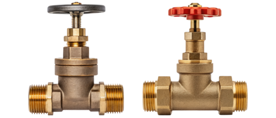 Two brass valves with handles control flow on a transparent background