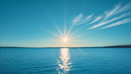 Bright blue lake view with clear sky and shining sun on a peaceful day
