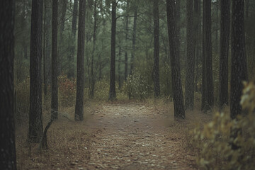 Fototapeta premium Landscape view of deep dark forest with path into the wood, Forest view at dusk time.