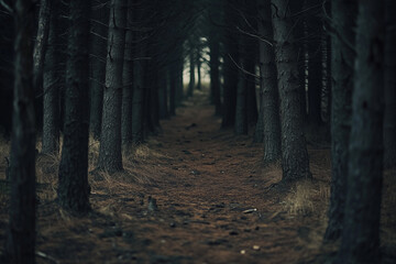 Fototapeta premium Landscape view of deep dark forest with path into the wood, Forest view at dusk time.