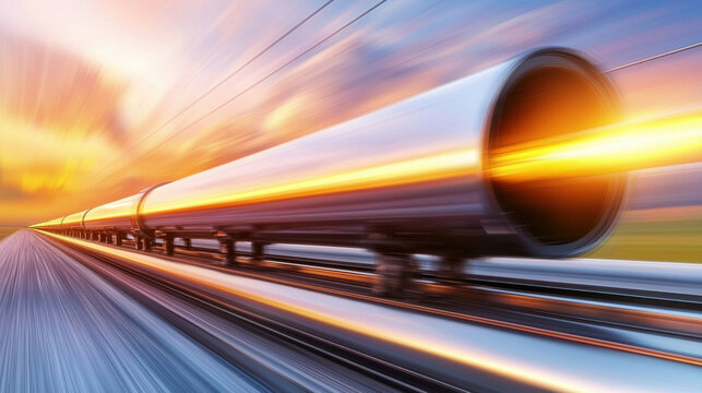 futuristic hyperloop cargo transportation system speeds through vibrant sunset