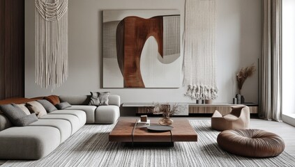 Modern, minimalist living room with neutral color palette, featuring a large abstract art piece, comfortable seating, and a wooden coffee table.