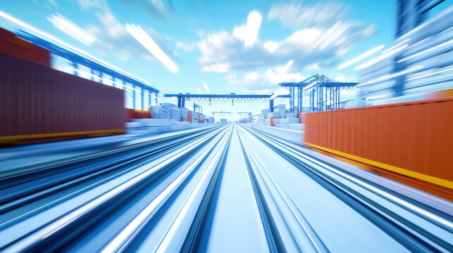 Futuristic shipping hub with hyperloop cargo transport and containers