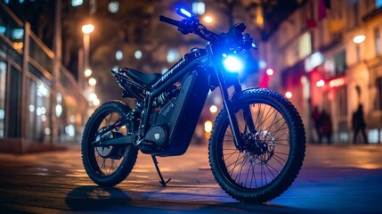 Electric Motorcycle at Night in the City