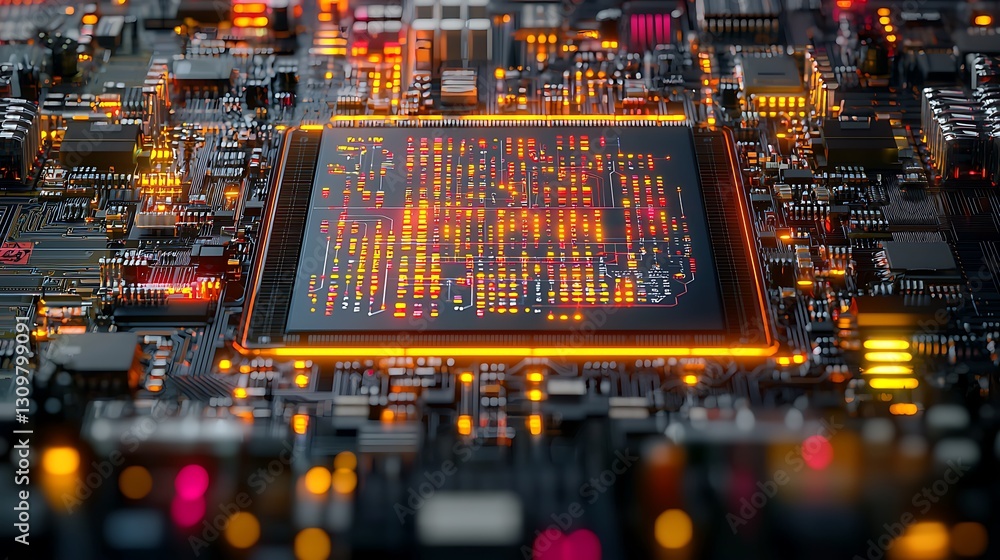 Poster close-up view of a vibrant microchip with glowing circuitry, showcasing intricate details and techno